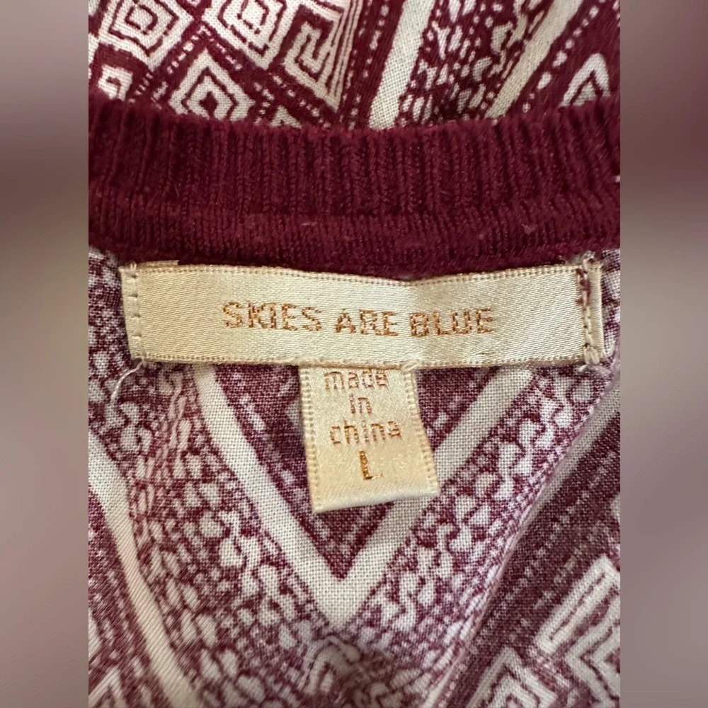 EUC Skies are Blue Top Womens Large Maroon Bandana Mixed Print Boho Popover Knit - Picture 5 of 6